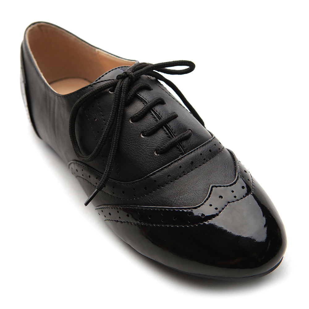  Women's Classic Oxfords Shoes Round Toe Leather Low Block  Heels Lace-Up Slip-On Non-Slip Flats Work Office Dress Oxford Shoes Black  US Size 6