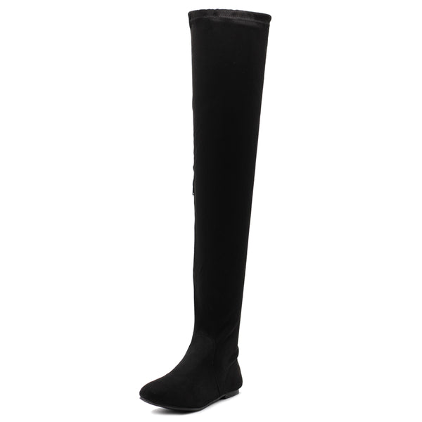 Ollio Women Shoe Adjustable Drawstring Span Faux Suede Faux Leather Thigh-High Zip Up Long Boots