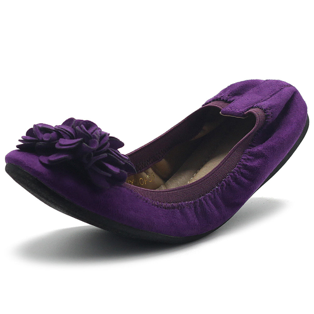 Ollio Women's Shoes Faux Suede Decorative Flower Slip On Comfort Light Ballet Flat